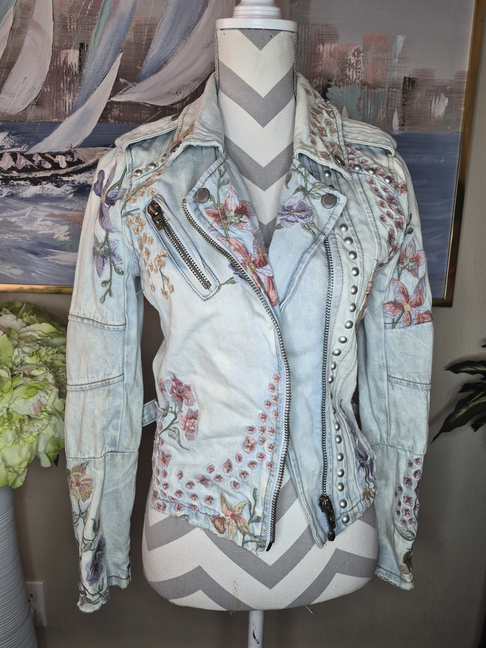 Blank NYC Light Wash Embroidered Denim Moto Jacket